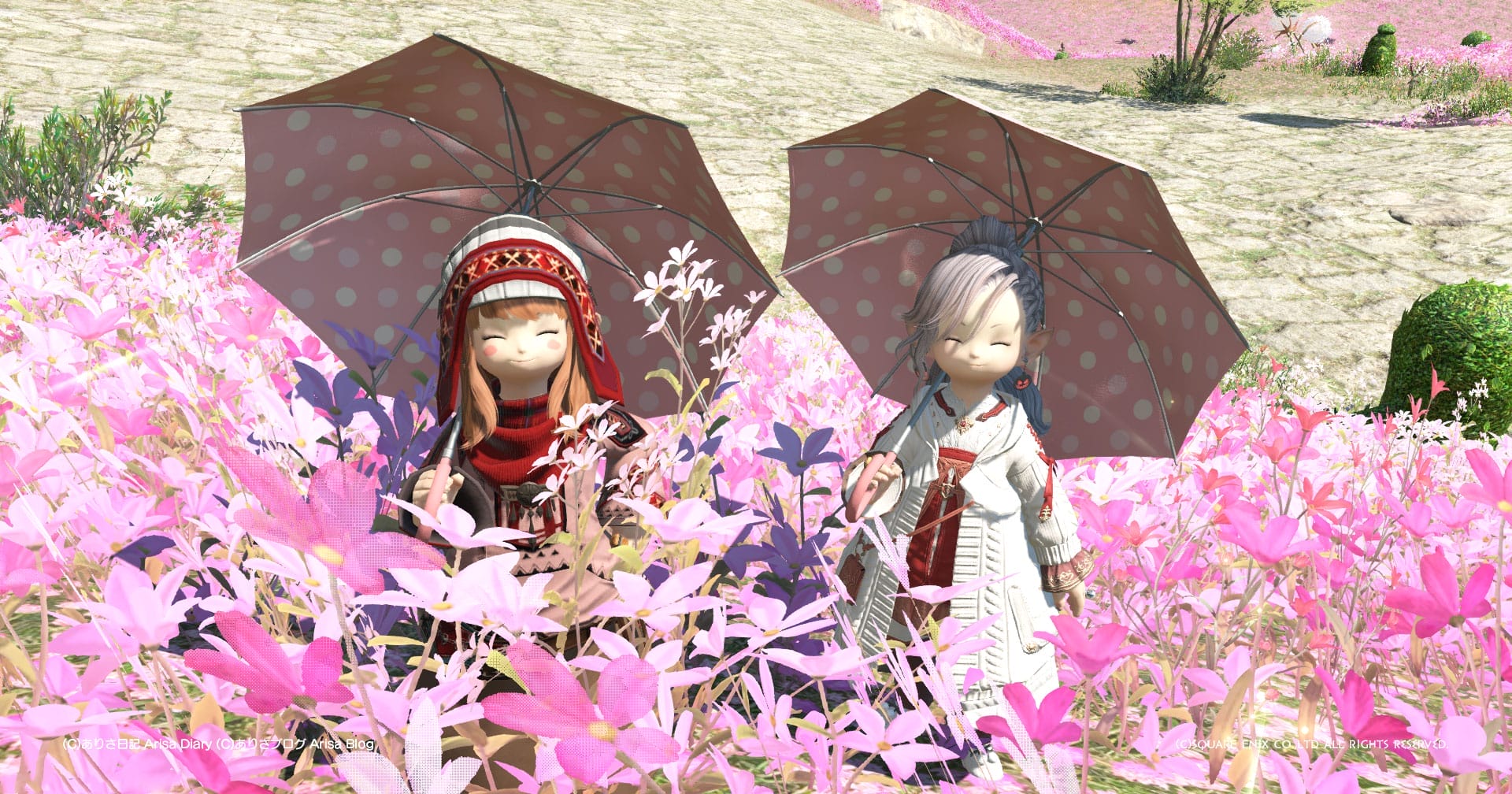 【FF14】プリムドットパラソル[ファッションアクセサリー]イル・メグのお花畑で相方ホロとピンクの水玉の傘お揃いしたよ【FFXIV】