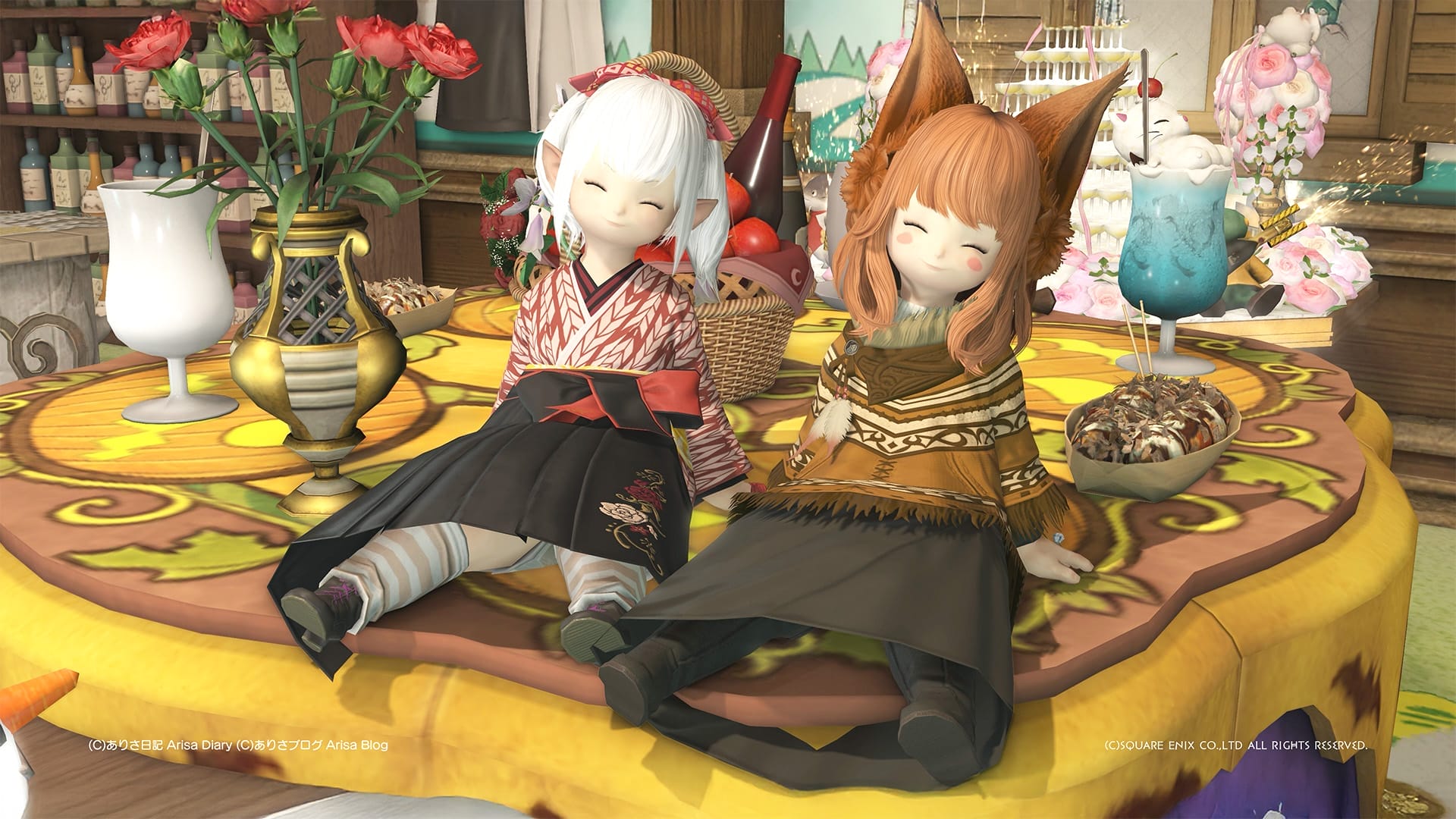 【FF14】タコ焼き舟皿盛りで二人でまったりタコパしたよ。素材のシアンシーデビルは二人でテンペストで釣ってきたの。【FXIV】